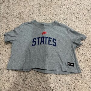 Nike Gray Cropped T-Shirt with Blue and Red Logo